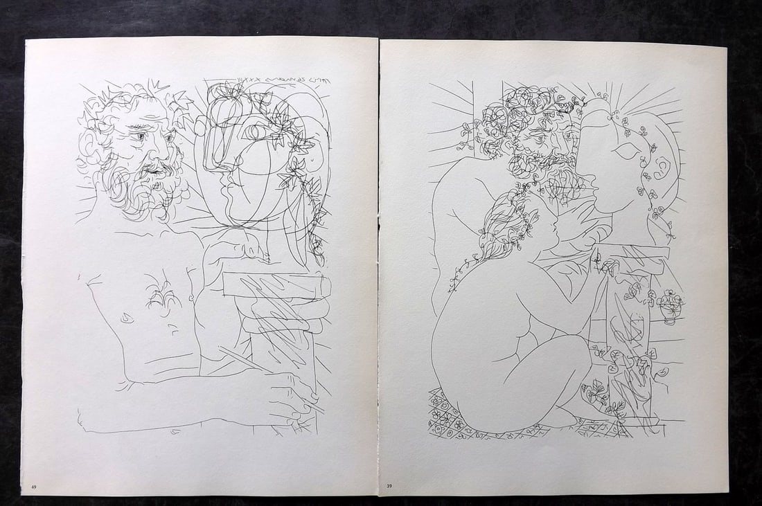Picasso & Vollard 1956 Pair of Vintage Prints: Photogravures Published 1956, London for "Picasso's Vollard Suite" First English Edition of 100 Etchings created by Picasso between 1930-37. Printed on Good Quality Paper in Germany. Paper Size: 11 x 
