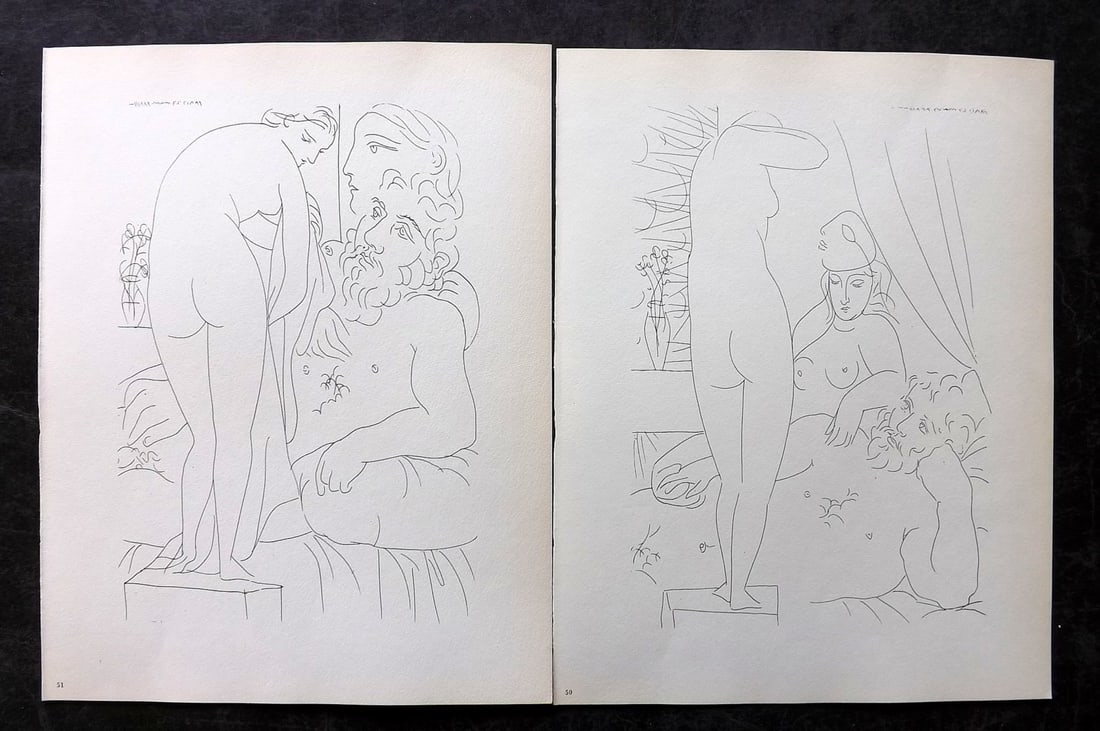 Picasso & Vollard 1956 Pair of Vintage Prints: Photogravures Published 1956, London for "Picasso's Vollard Suite" First English Edition of 100 Etchings created by Picasso between 1930-37. Printed on Good Quality Paper in Germany. Paper Size: 11 x 