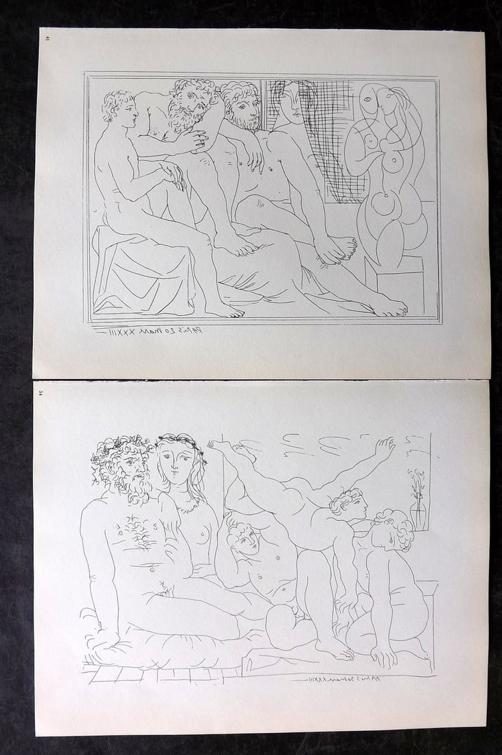 Picasso & Vollard 1956 Pair of Vintage Prints: Photogravures Published 1956, London for "Picasso's Vollard Suite" First English Edition of 100 Etchings created by Picasso between 1930-37. Printed on Good Quality Paper in Germany. Paper Size: 11 x 