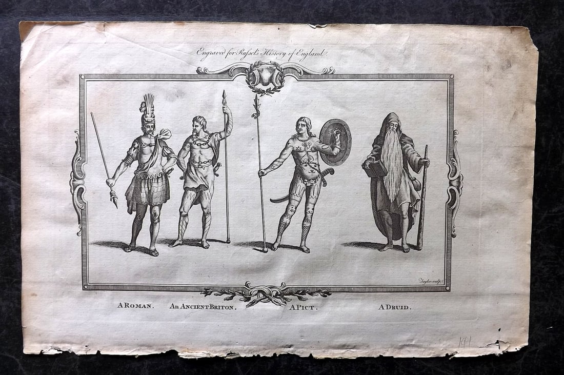 Russell, William 1779 Folio Print. A Druid, Pict, Ancient Briton, Roman: Folio Copper Plate Published 1779, London for "A New and Authentic History of England" [Russell's History of England] by William Augustus Russell. Paper Size: 15 x 9 inch (38 x 23cm) Minor margin toni
