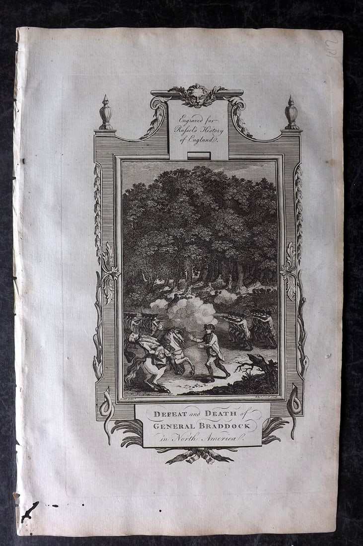 Russell, William 1779 Folio Print. Death of General Braddock, USA: Folio Copper Plate Published 1779, London for "A New and Authentic History of England" [Russell's History of England] by William Augustus Russell. Paper Size: 15 x 9 inch (38 x 23cm) Minor wormholing 