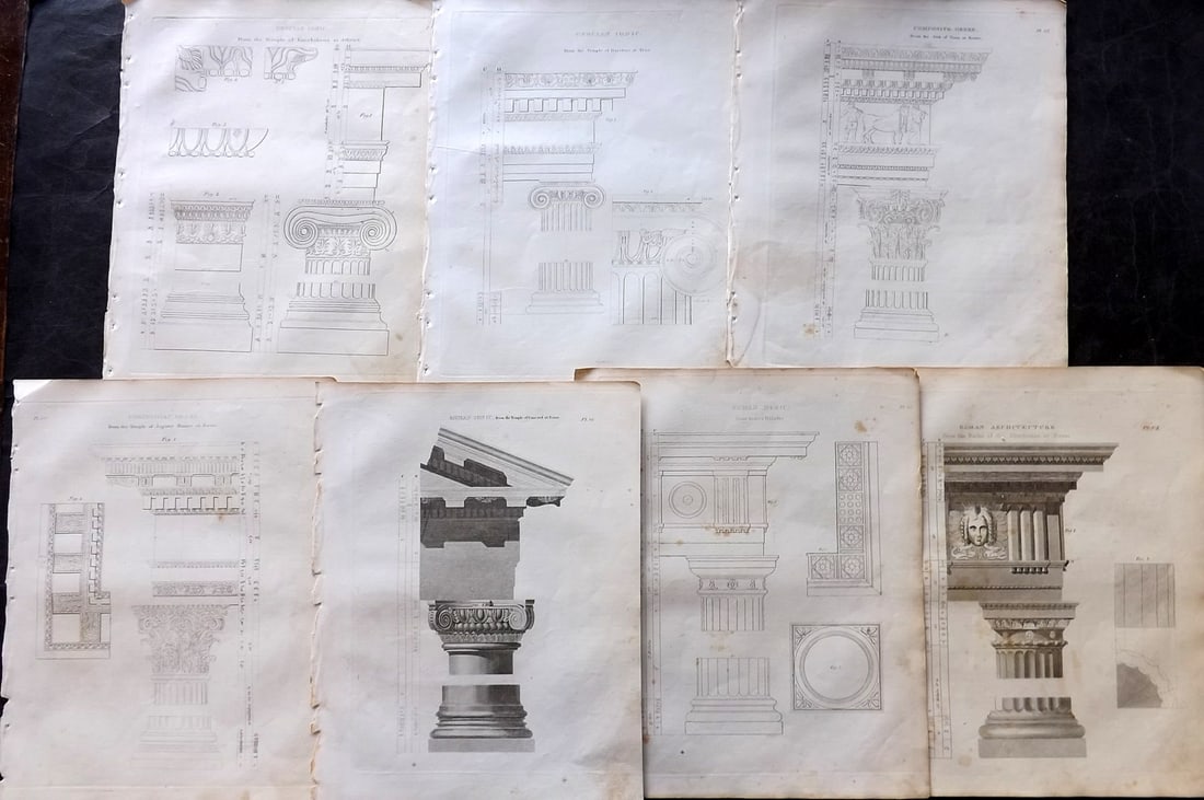 Shaw, Edward 1836 Lot of 7 Architectural Prints. Columns (1 of 2)
