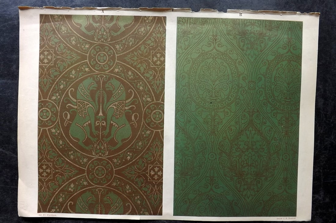 Fischbach, Frederick 1884 Folio Textile Print. Byzantine 04: Folio Chromolithograph Published 1882-84, London for "Ornament of Textile Fabrics" by Frederick Fischbach. Scarce. Paper Size: 17 x 12 inch (43 x 30cm) Good Condition