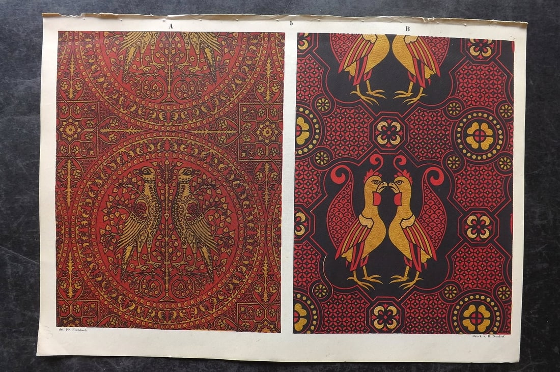 Fischbach, Frederick 1884 Folio Textile Print. Byzantine 05: Folio Chromolithograph Published 1882-84, London for "Ornament of Textile Fabrics" by Frederick Fischbach. Scarce. Paper Size: 17 x 12 inch (43 x 30cm) Good Condition
