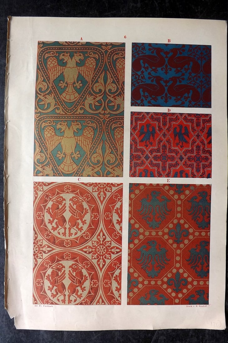 Fischbach, Frederick 1884 Folio Textile Print. Byzantine 06: Folio Chromolithograph Published 1882-84, London for "Ornament of Textile Fabrics" by Frederick Fischbach. Scarce. Paper Size: 17 x 12 inch (43 x 30cm) Good Condition