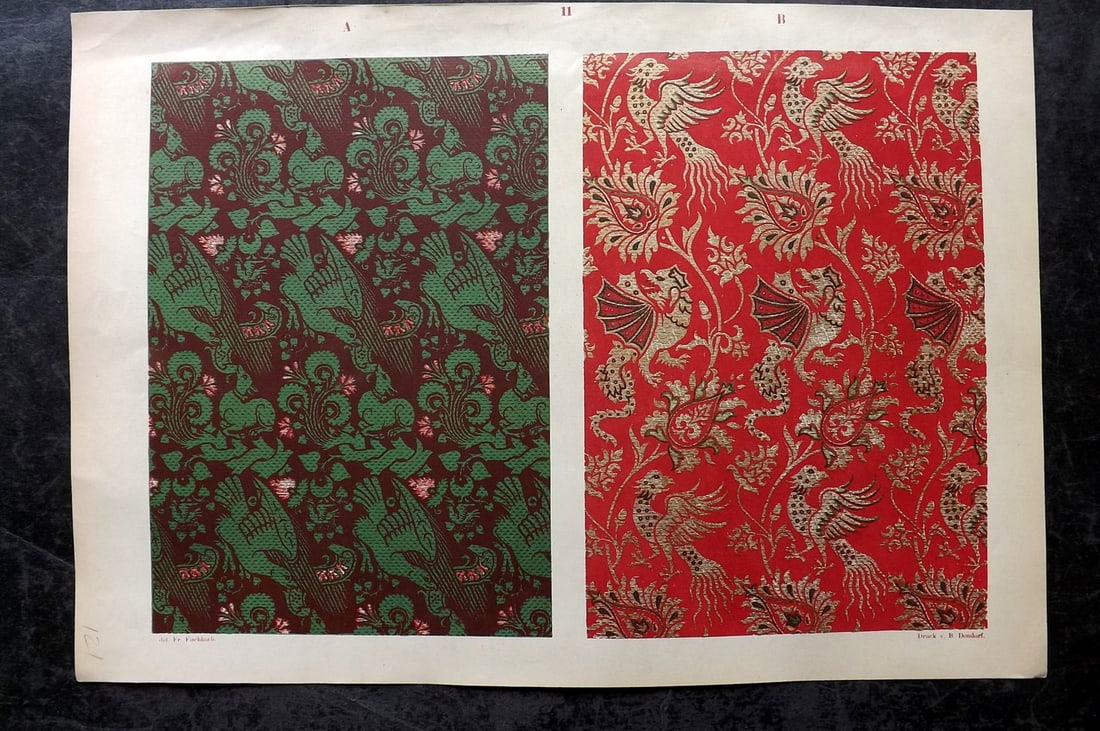 Fischbach, Frederick 1884 Folio Textile Print. Lucca Saracenic 11: Folio Chromolithograph Published 1882-84, London for "Ornament of Textile Fabrics" by Frederick Fischbach. Scarce. Paper Size: 17 x 12 inch (43 x 30cm) Good Condition