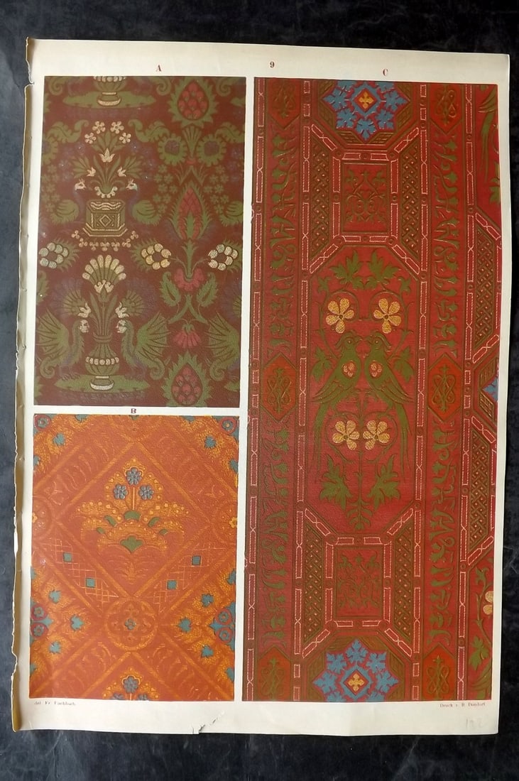 Fischbach, Frederick 1884 Folio Textile Print. North Italian & Moorish 09: Folio Chromolithograph Published 1882-84, London for "Ornament of Textile Fabrics" by Frederick Fischbach. Scarce. Paper Size: 17 x 12 inch (43 x 30cm) Good Condition