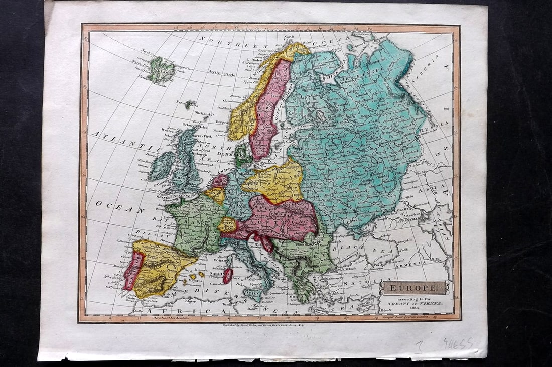 Clarke & Russell 1814 Hand Col Map. Europe: Hand Colored Copper Engraved Map Published 1814-27, London for "A New Geographical Dictionary; Containing a Description of all the Empires, Kingdoms, States and Provinces..." by J. W. Clarke. Drawn an