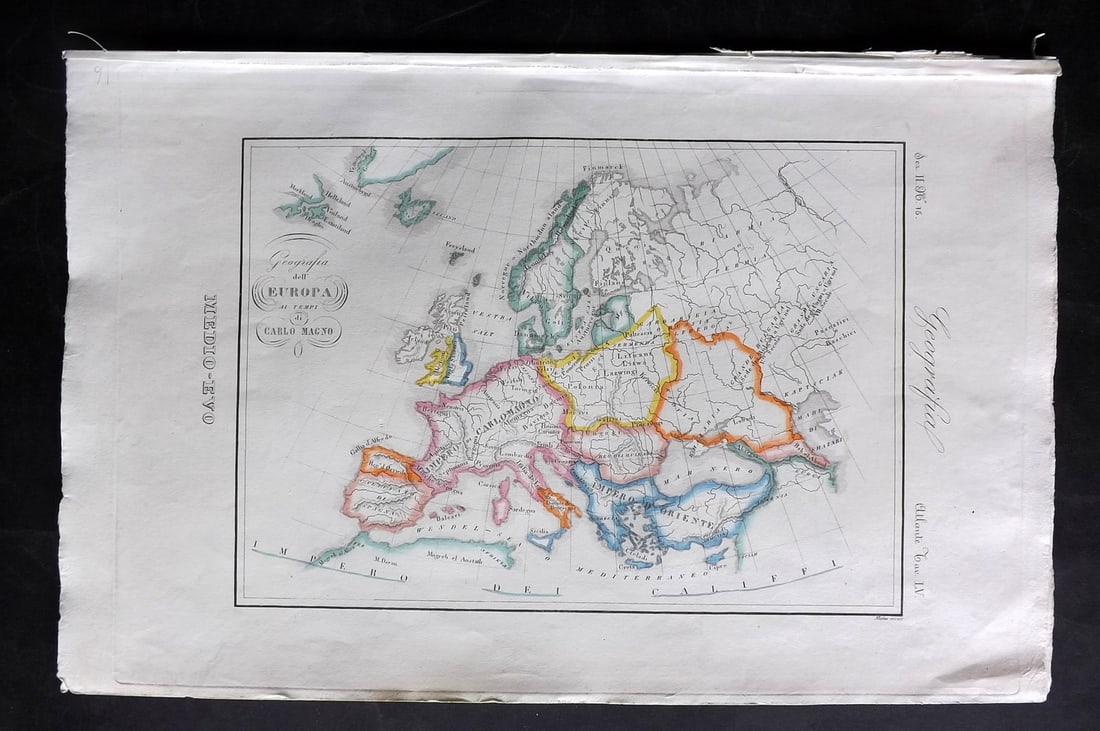 Marmocchi, F. C. 1845 Hand Col Map. Europe in the time of Charlemagne: Folio Hand Colored Etching/Engraving Published 1845, Florence for "Atlante di Geografia-Storica Universale" by Francesco C. Marmocchi. Paper Size: 17 x 11 inch (43 x 28cm) Good Condition