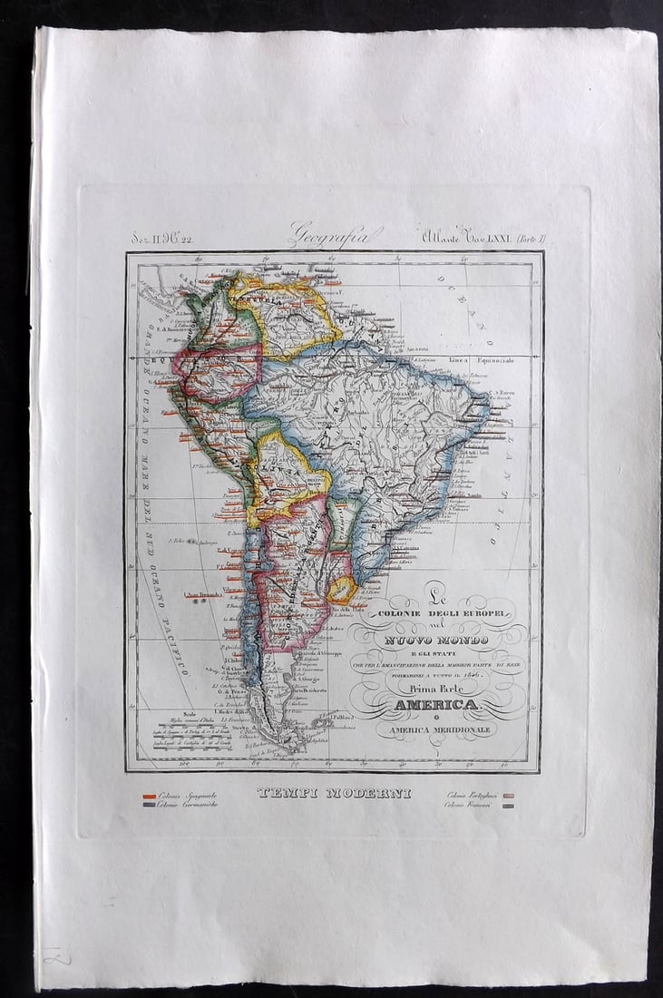 Marmocchi, F. C. 1845 Hand Col Map. South America: Folio Hand Colored Etching/Engraving Published 1845, Florence for "Atlante di Geografia-Storica Universale" by Francesco C. Marmocchi. Paper Size: 17 x 11 inch (43 x 28cm) Good Condition