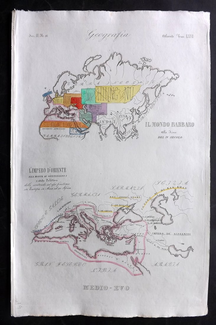Marmocchi, F. C. 1845 Hand Col Map. Barbarian World & Eastern Empire (1 of 2)