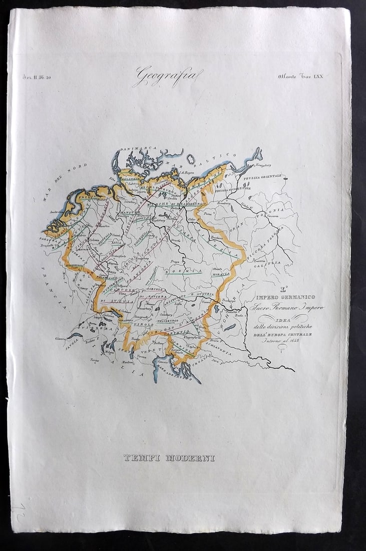 Marmocchi, F. C. 1845 Hand Col Map. German Empire: Folio Hand Colored Etching/Engraving Published 1845, Florence for "Atlante di Geografia-Storica Universale" by Francesco C. Marmocchi. Paper Size: 17 x 11 inch (43 x 28cm) Good Condition