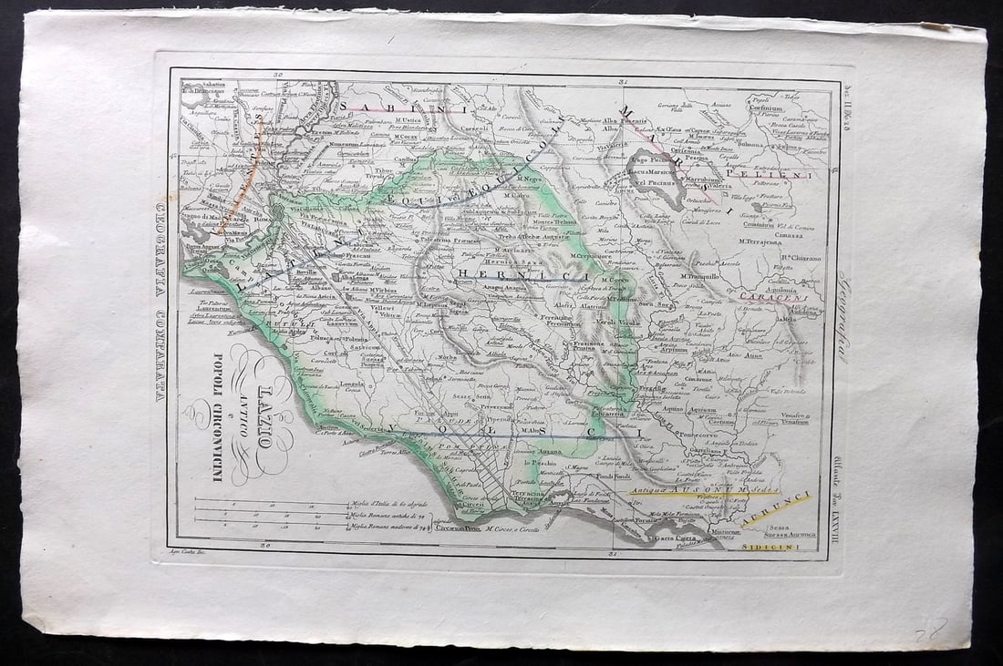 Marmocchi, F. C. 1845 Hand Col Map. Lazio, Italy (1 of 2)