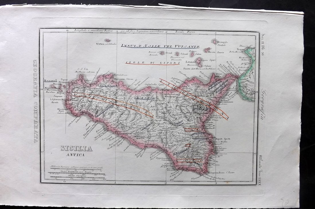 Marmocchi, F. C. 1845 Hand Col Map. Ancient Sicily (1 of 2)