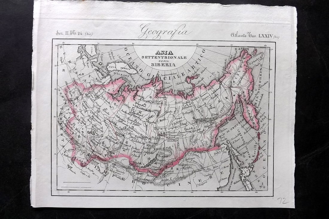 Marmocchi, F. C. 1845 Hand Col Map. Asiatic Russia & Siberia: Hand Colored Etching/Engraving Published 1845, Florence for "Atlante di Geografia-Storica Universale" by Francesco C. Marmocchi. Paper Size: 11.5 x 8.5 inch (29 x 22cm) Good Condition