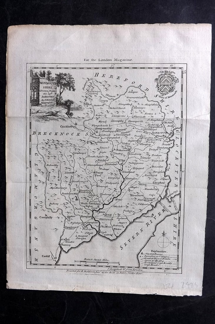 Kitchin, Thomas 1752 Antique Map. Monmouthshire, Wales: Copper Plate Published 1732-85, London for "The London Magazine" Map by Thomas Kitchin. Folds as issued. Paper Size: 10 x 8 inch (26 x 21cm) Good Condition