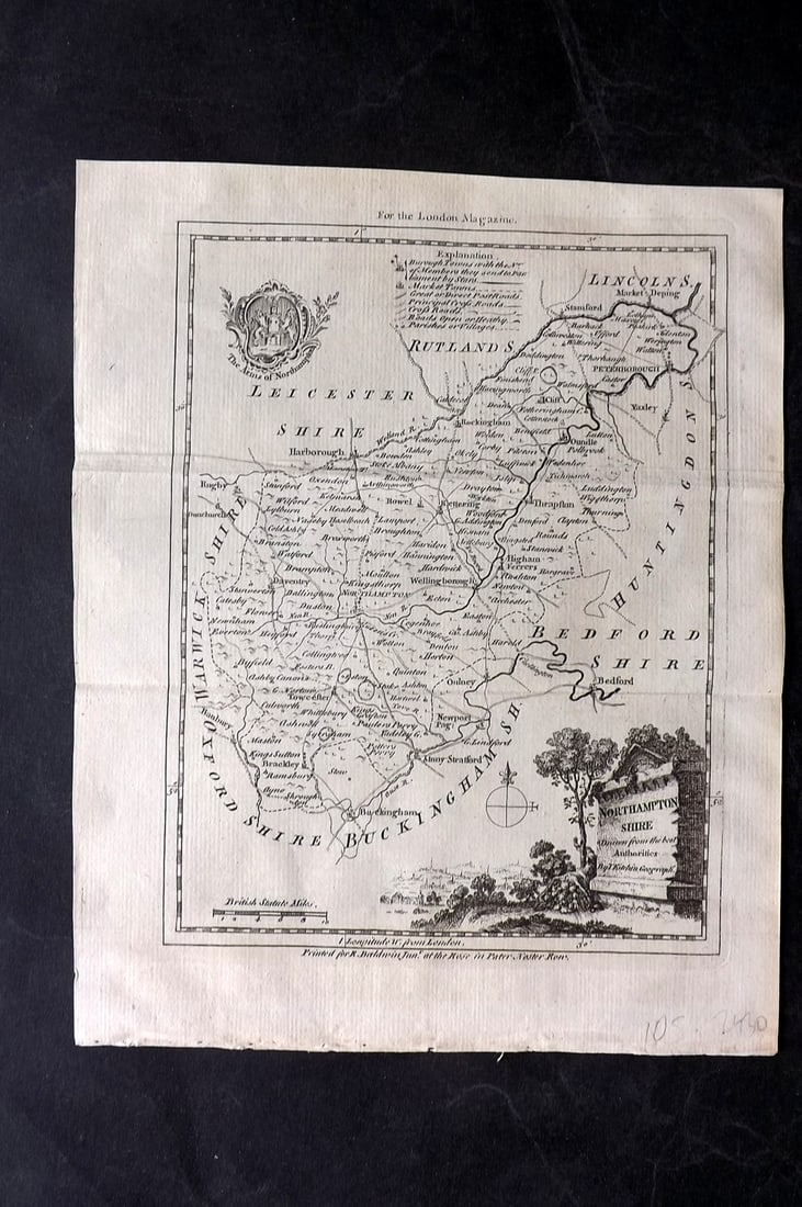 Kitchin, Thomas 1752 Antique Map. Northamptonshire, UK: Copper Plate Published 1732-85, London for "The London Magazine" Map by Thomas Kitchin. Folds as issued. Paper Size: 10 x 8 inch (26 x 21cm) Good Condition