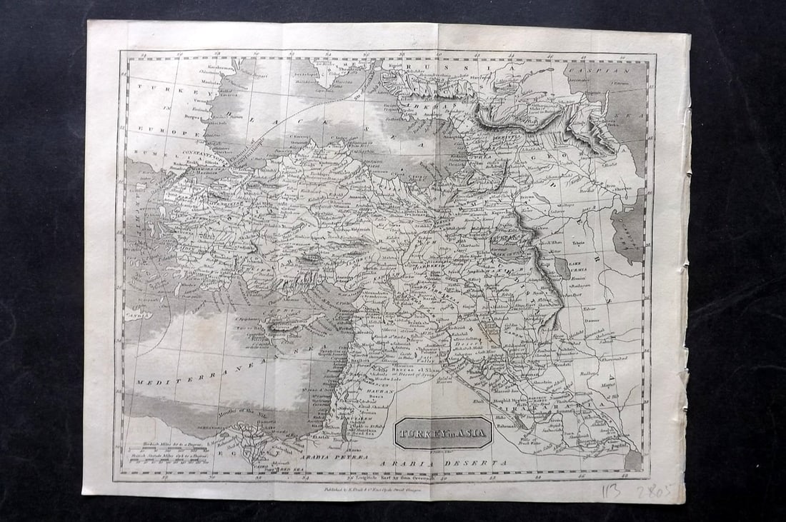 Glasgow Geography 1825 Antique Map. Turkey in Asia: Copper Engraved Map Published 1825, Glasgow for "The Glasgow Geography?" by Several Literary Gentleman. Folds as issued. .Paper Size: 11 x 8 inch (28 x 21cm) Very minor toning/offsetting. Good Conditi