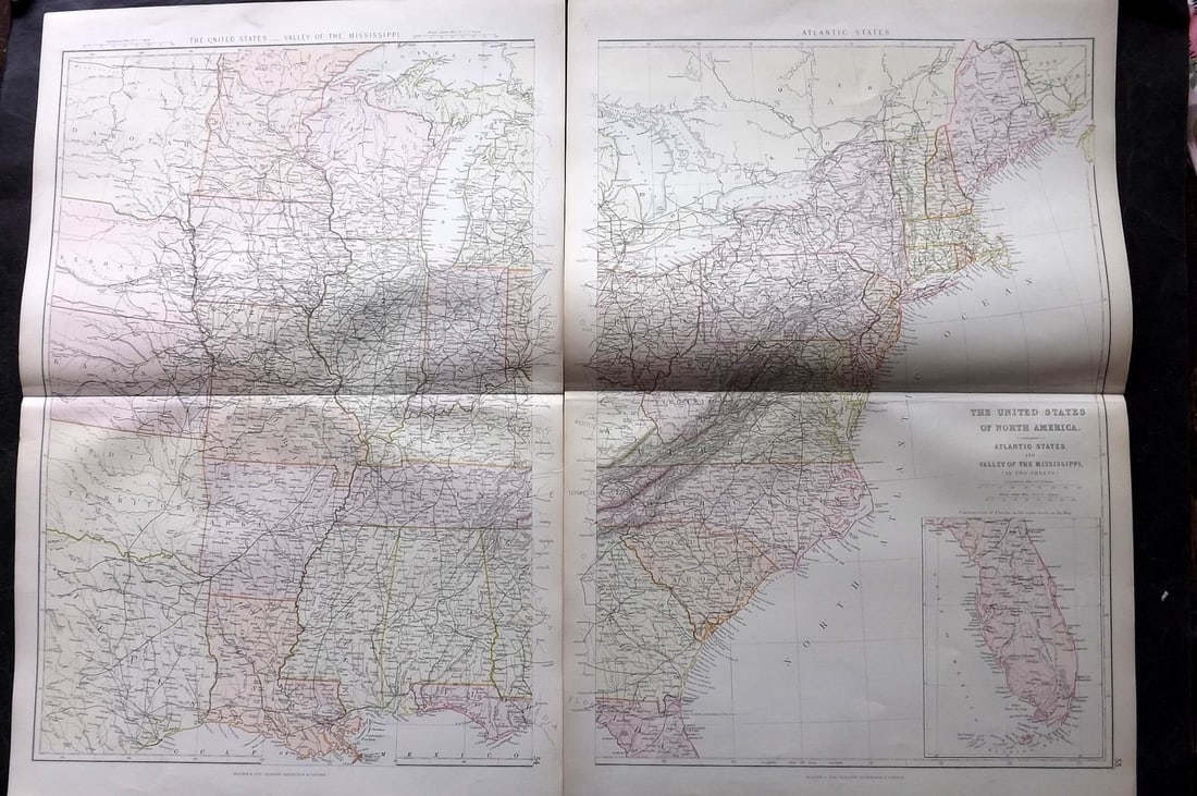 Blackie (Pub) 1882 Pair of Maps. USA - Atlantic States & Mississippi Valley: "The United States of North America. Atlantic States and Valley of the Mississippi (In Two Sheets)" Lithograph Maps Published 1882 by Blackie & Son, London for "The Comprehensive Atlas & Geography of 