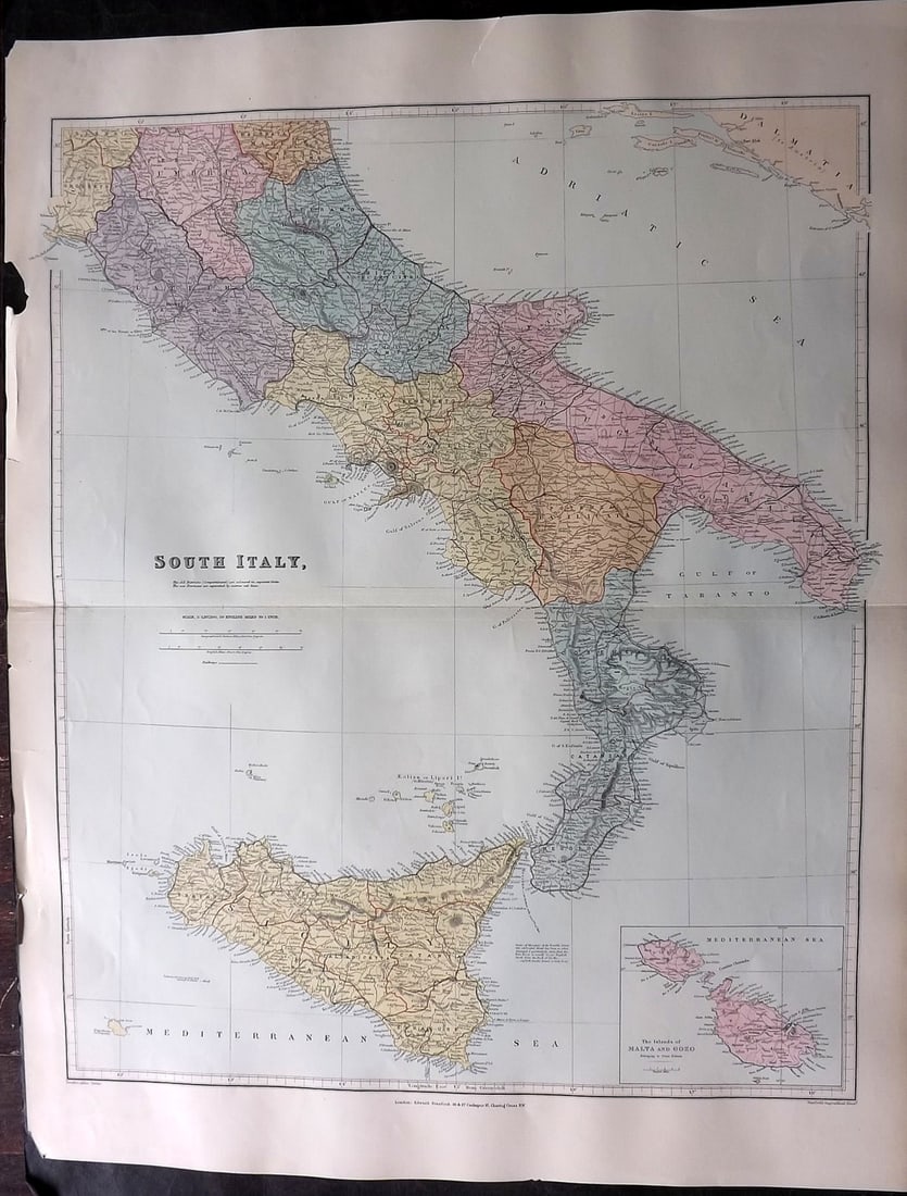 Stanford, Edward 1901 Large Map. South Italy (1 of 2)