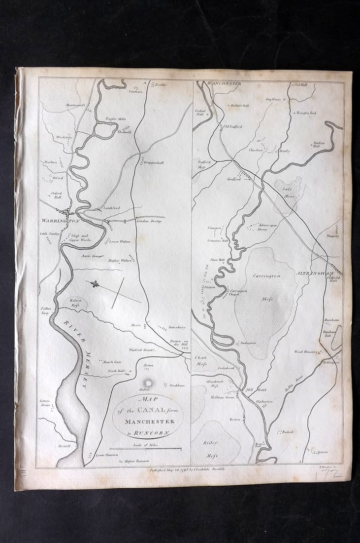 Aiken, John 1795 Antique Map. Manchester to Runcorn Canal: Copper Engraved Map Published 1795, London for "A Description of the Country from Thirty to Forty Miles Round Manchester" by John Aiken. Paper Size: 11.5 x 9 inch (29 x 23cm) Minor toning, otherwise G