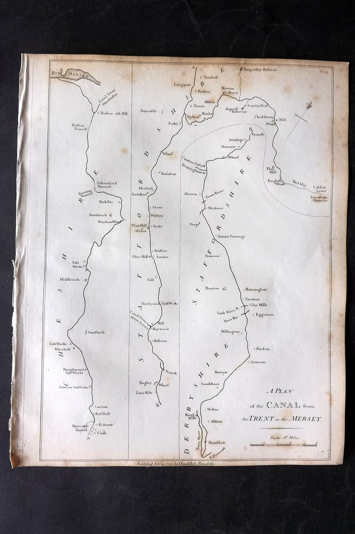 Aiken, John 1795 Antique Map. Trent to Mersey Canal: Copper Engraved Map Published 1795, London for "A Description of the Country from Thirty to Forty Miles Round Manchester" by John Aiken. Paper Size: 11.5 x 9 inch (29 x 23cm) Minor toning, otherwise G