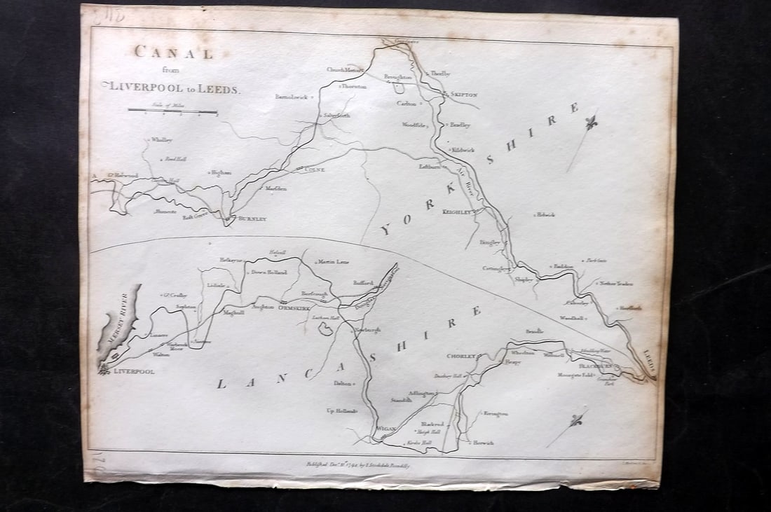 Aiken, John 1795 Antique Map. Liverpool to Leeds Canal: Copper Engraved Map Published 1795, London for "A Description of the Country from Thirty to Forty Miles Round Manchester" by John Aiken. Paper Size: 11.5 x 9 inch (29 x 23cm) Minor toning, otherwise G