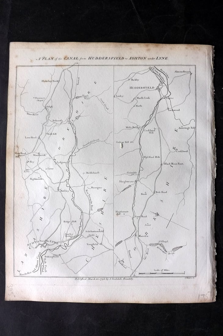 Aiken, John 1795 Antique Map. Huddersfield to Ashton under Lyne Canal: Copper Engraved Map Published 1795, London for "A Description of the Country from Thirty to Forty Miles Round Manchester" by John Aiken. Paper Size: 11.5 x 9 inch (29 x 23cm) Minor toning, otherwise G