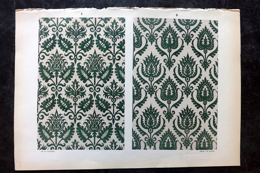 Fischbach, Frederick 1884 Folio Textile Print. Fabrics of Zurich Manufacture, 16th Century 103: Folio Chromolithograph Published 1882-84, London for "Ornament of Textile Fabrics" by Frederick Fischbach. Scarce. Paper Size: 17 x 12 inch (43 x 30cm) Small bottom margin tear.Good Condition