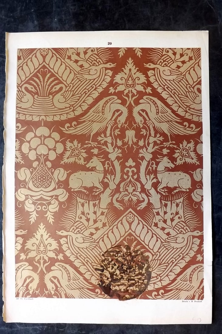 Fischbach, Frederick 1884 Folio Textile Print. Italian Gold Web of the 14th Cent (Fault) 20: Folio Chromolithograph Published 1882-84, London for "Ornament of Textile Fabrics" by Frederick Fischbach. Scarce. Paper Size: 17 x 12 inch (43 x 30cm) Heavy stain at bottom