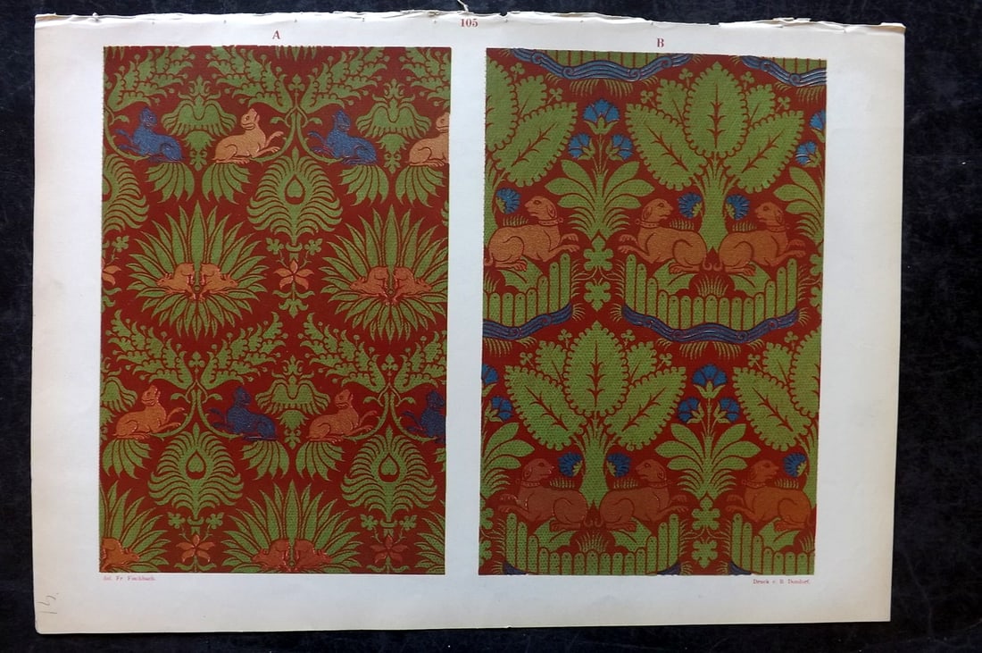 Fischbach, Frederick 1884 Folio Textile Print. Lucca Tissues of the 13th & 14th Century 105: Folio Chromolithograph Published 1882-84, London for "Ornament of Textile Fabrics" by Frederick Fischbach. Scarce. Paper Size: 17 x 12 inch (43 x 30cm) Good Condition