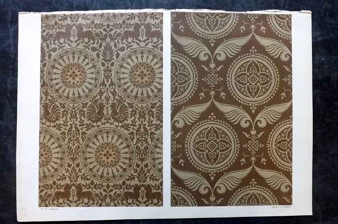 Fischbach, Frederick 1884 Folio Textile Print. North Italian Manufacture of the 14th & 15th Cent 106: Folio Chromolithograph Published 1882-84, London for "Ornament of Textile Fabrics" by Frederick Fischbach. Scarce. Paper Size: 17 x 12 inch (43 x 30cm) Good Condition
