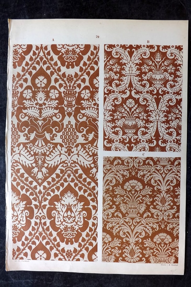 Fischbach, Frederick 1884 Folio Textile Print. Renaissance 16th Cent. Silk Tissues 79: Folio Chromolithograph Published 1882-84, London for "Ornament of Textile Fabrics" by Frederick Fischbach. Scarce. Paper Size: 17 x 12 inch (43 x 30cm) Good Condition