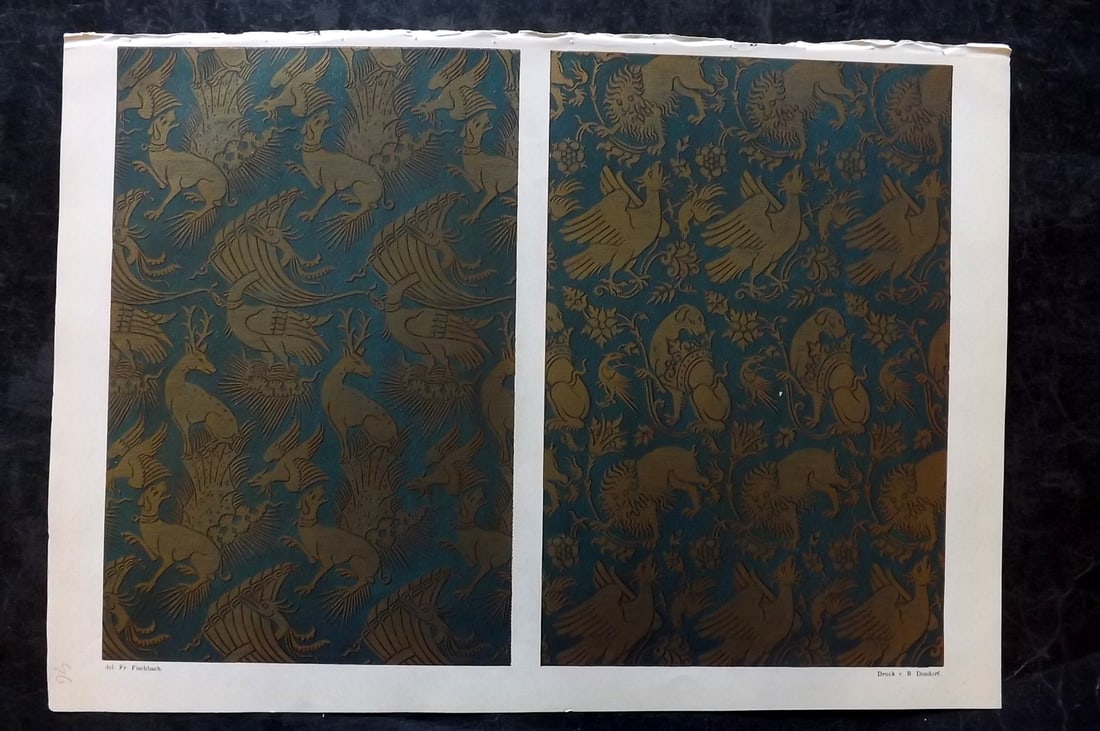 Fischbach, Frederick 1884 Folio Textile Print. Saracenic designs of the 12th & 13th Cent 107: Folio Chromolithograph Published 1882-84, London for "Ornament of Textile Fabrics" by Frederick Fischbach. Scarce. Paper Size: 17 x 12 inch (43 x 30cm) Good Condition