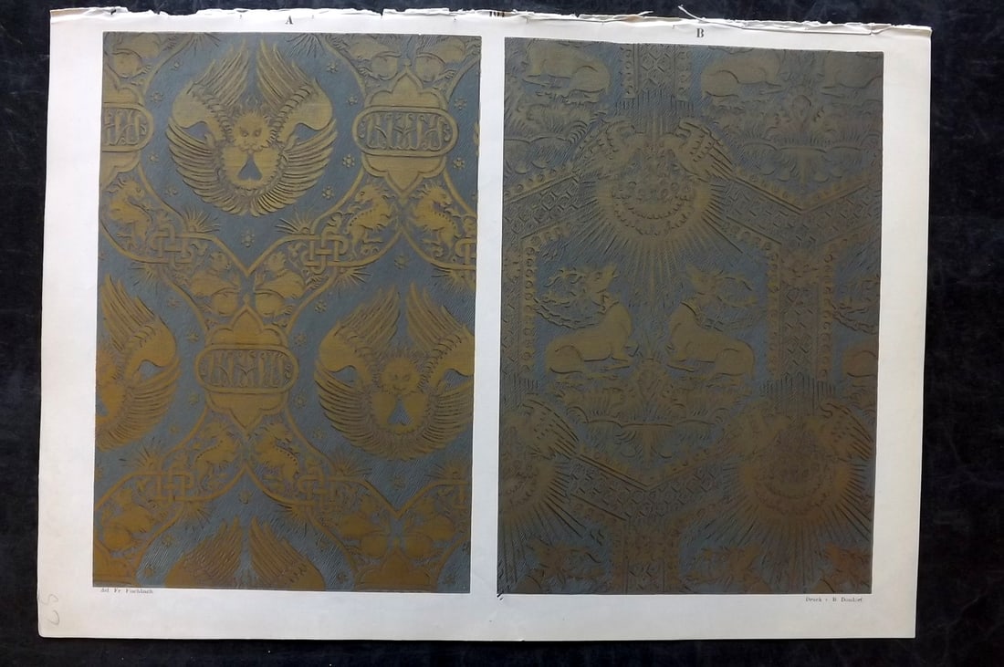Fischbach, Frederick 1884 Folio Textile Print. Sicilo-Saracenic fabric of the 12th-13th Cent 104: Folio Chromolithograph Published 1882-84, London for "Ornament of Textile Fabrics" by Frederick Fischbach. Scarce. Paper Size: 17 x 12 inch (43 x 30cm) Good Condition