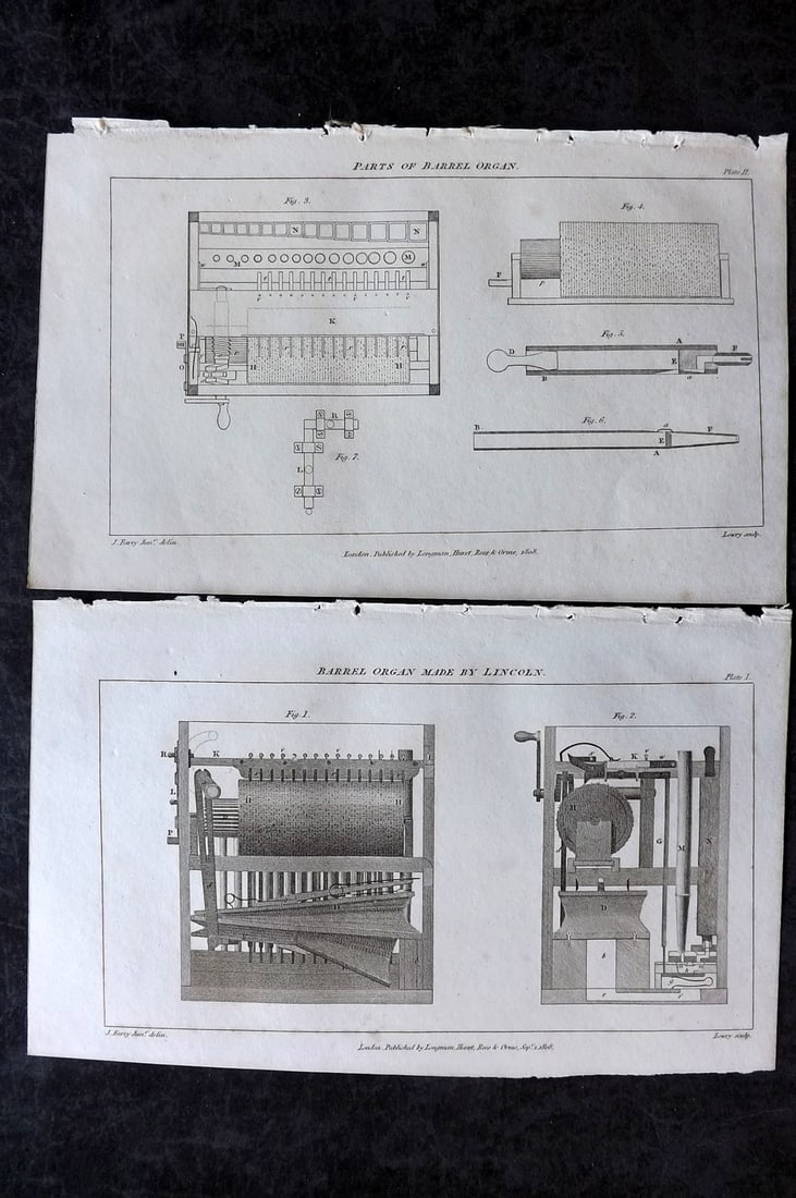 Nicholson, William 1809 Pair of Music Prints. Barrel Organ: Copper Plate Published 1809, London for "The British Encyclopedia..." by William Nicholson. Paper Size: 8 x 5 inch (21 x 13cm) Very minor toning. Good Condition