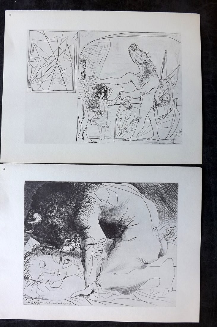 Picasso & Vollard 1956 Pair of Vintage Prints: Photogravures Published 1956, London for "Picasso's Vollard Suite" First English Edition of 100 Etchings created by Picasso between 1930-37. Printed on Good Quality Paper in Germany. Paper Size: 11 x 