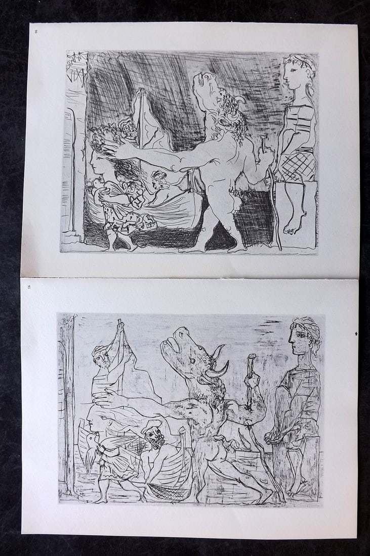 Picasso & Vollard 1956 Pair of Vintage Prints: Photogravures Published 1956, London for "Picasso's Vollard Suite" First English Edition of 100 Etchings created by Picasso between 1930-37. Printed on Good Quality Paper in Germany. Paper Size: 11 x 