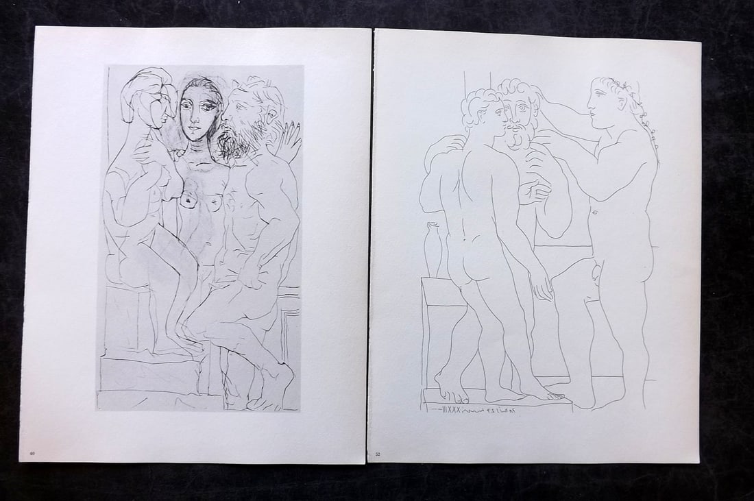 Picasso & Vollard 1956 Pair of Vintage Prints: Photogravures Published 1956, London for "Picasso's Vollard Suite" First English Edition of 100 Etchings created by Picasso between 1930-37. Printed on Good Quality Paper in Germany. Paper Size: 11 x 