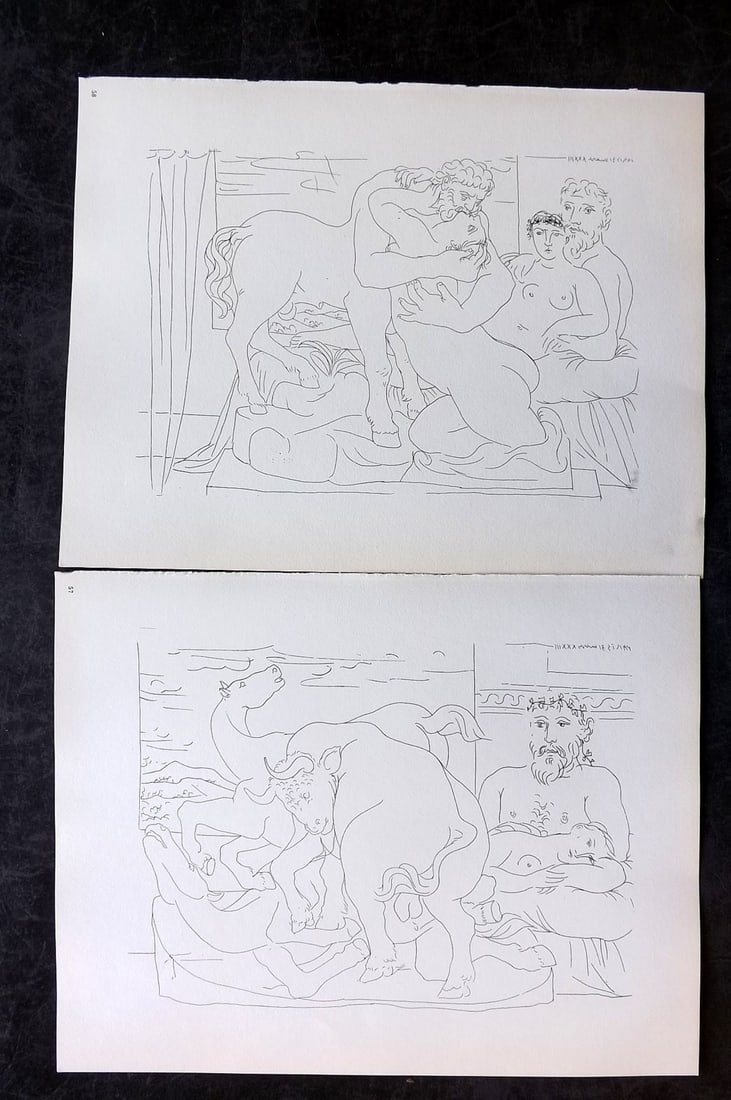 Picasso & Vollard 1956 Pair of Vintage Prints: Photogravures Published 1956, London for "Picasso's Vollard Suite" First English Edition of 100 Etchings created by Picasso between 1930-37. Printed on Good Quality Paper in Germany. Paper Size: 11 x 