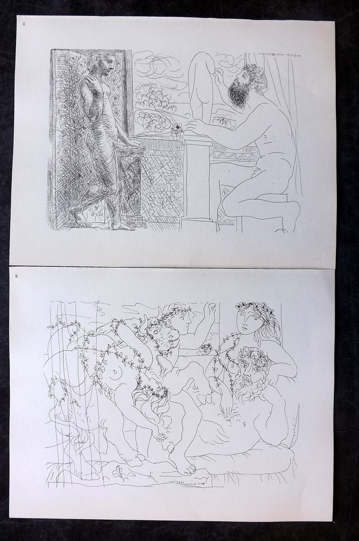 Picasso & Vollard 1956 Pair of Vintage Prints: Photogravures Published 1956, London for "Picasso's Vollard Suite" First English Edition of 100 Etchings created by Picasso between 1930-37. Printed on Good Quality Paper in Germany. Paper Size: 11 x 
