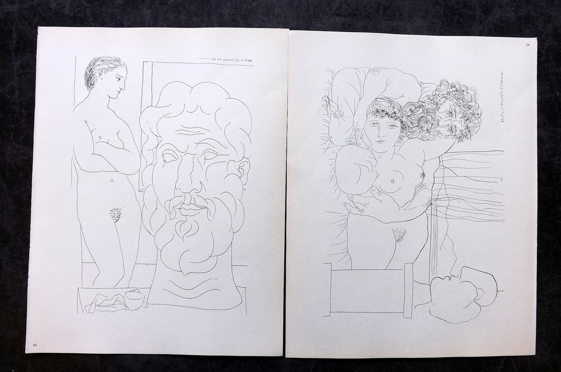 Picasso & Vollard 1956 Pair of Vintage Prints: Photogravures Published 1956, London for "Picasso's Vollard Suite" First English Edition of 100 Etchings created by Picasso between 1930-37. Printed on Good Quality Paper in Germany. Paper Size: 11 x 