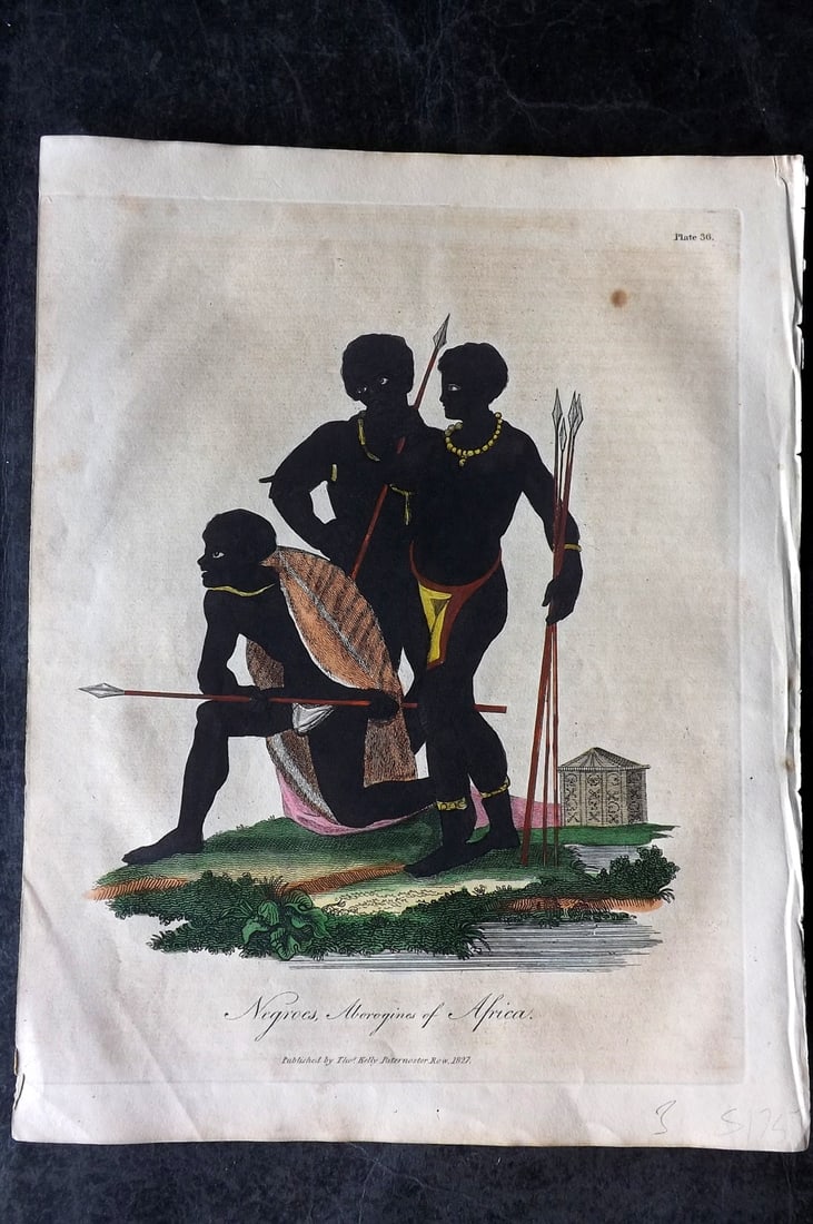 Buffon & Smellie 1834 Hand Col Print. Negroes, Aboriginies of Africa: Hand Colored Copper Plate Published 1834 by Thomas Kelly, London for "A Natural History, General and Particular..." by The Comte de Buffon and William Smellie. Paper Size: 10.5 x 8 inch (27 x 21cm) Mi