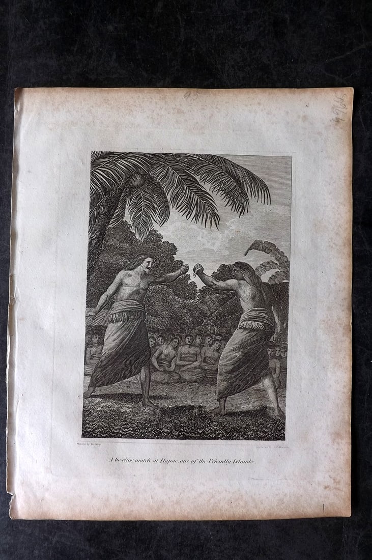 Cooke, George 1801 Print. A Boxing Match at Hapae, one of the Friendy Islands Pacific: Copper Plate Published 1801-07 by Macdonald & Son, London for "Modern and Authentic System of Universal Geography" By George A. Cooke. Paper Size: 10 x 8 inch (26 x 21cm) Minor toning, otherwise Good 
