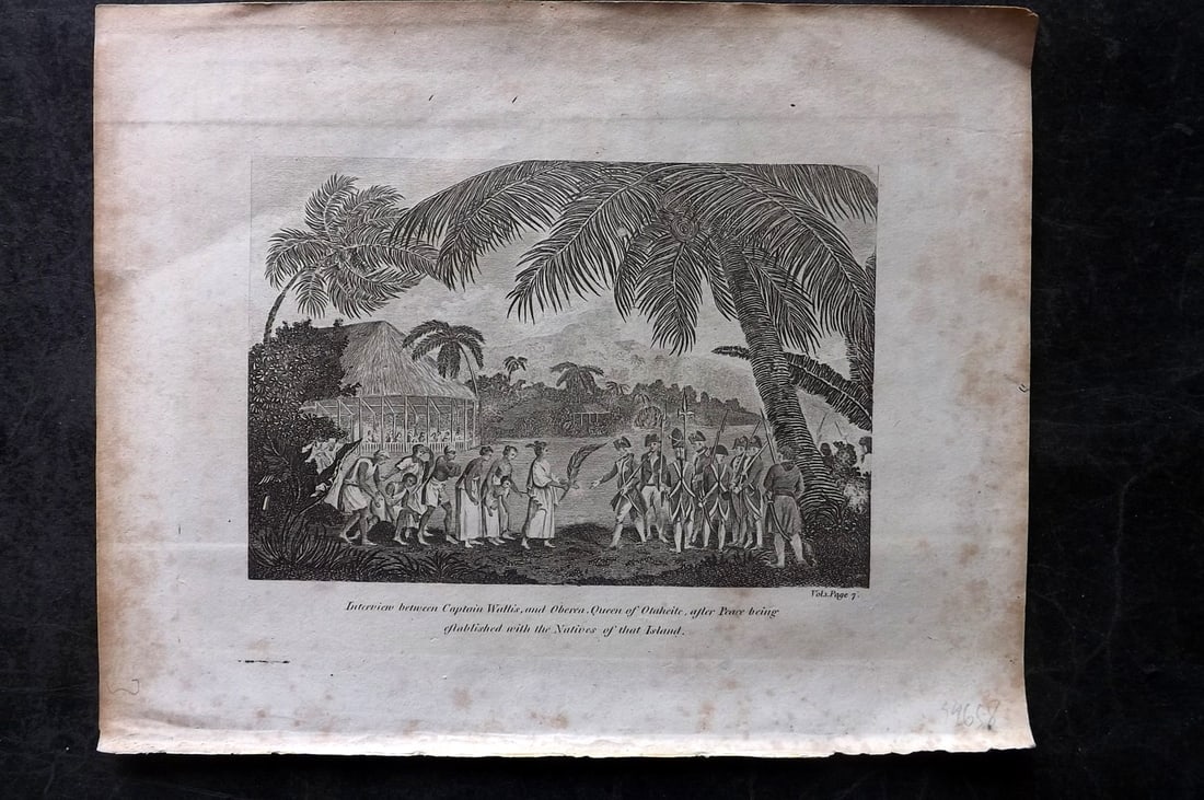 Cooke, George 1801 Print. Capt. Wallis & Queen of Tahiti Pacific: Copper Plate Published 1801-07 by Macdonald & Son, London for "Modern and Authentic System of Universal Geography" By George A. Cooke. Paper Size: 10 x 8 inch (26 x 21cm) Minor toning, otherwise Good 