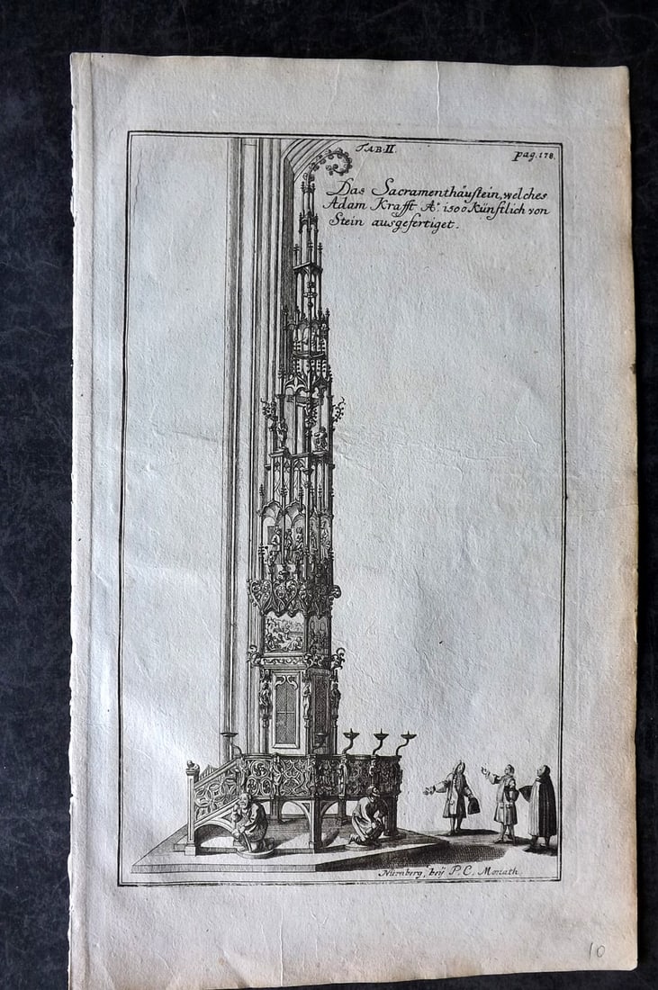 Doppelmayr, Johann Gabriel 1730 Folio Architectural Print. Gothic Sculpture by Adam Kraft: Copper Plate Published 1730 Nuremberg, for "Historische Nachricht Von Den Nurnbergischen Mathematicis Und Kunstlern" by Johann Gabriel Doppelmayr. Paper Size: 14 x 8.5 inch (36 x 22cm) Good Condition
