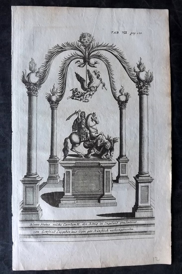 Doppelmayr, Johann Gabriel 1730 Folio Architectural Print. Statue of Charles II, King of England: Copper Plate Published 1730 Nuremberg, for "Historische Nachricht Von Den Nurnbergischen Mathematicis Und Kunstlern" by Johann Gabriel Doppelmayr. Paper Size: 14 x 8.5 inch (36 x 22cm) Good Condition