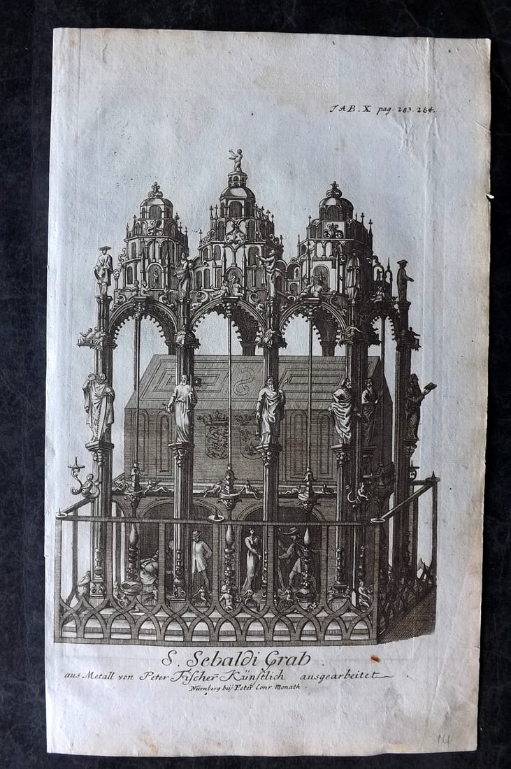 Doppelmayr, Johann Gabriel 1730 Folio Architectural Print. Tomb of St Sebaldus by Peter Vischer,: Copper Plate Published 1730 Nuremberg, for "Historische Nachricht Von Den Nurnbergischen Mathematicis Und Kunstlern" by Johann Gabriel Doppelmayr. Paper Size: 14 x 8.5 inch (36 x 22cm) Very minor marg