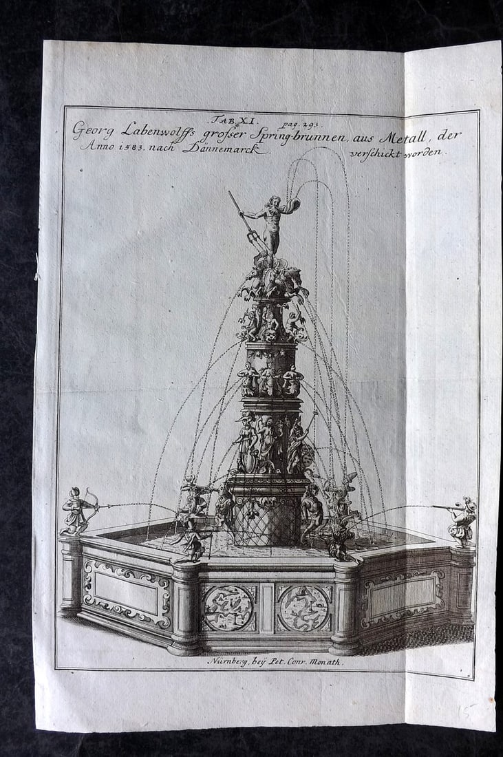 Doppelmayr, Johann Gabriel 1730 Folio Fountain Print 11: Copper Plate Published 1730 Nuremberg, for "Historische Nachricht Von Den Nurnbergischen Mathematicis Und Kunstlern" by Johann Gabriel Doppelmayr. Paper Size: 14 x 9 inch (36 x 23cm) Vertical Fold as 