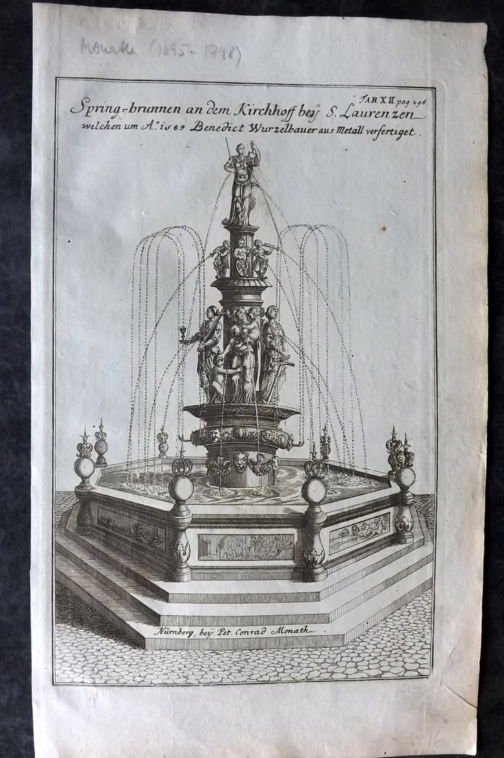 Doppelmayr, Johann Gabriel 1730 Folio Fountain Print 12: Copper Plate Published 1730 Nuremberg, for "Historische Nachricht Von Den Nurnbergischen Mathematicis Und Kunstlern" by Johann Gabriel Doppelmayr. Paper Size: 14 x 8.5 inch (36 x 22cm) Good Condition